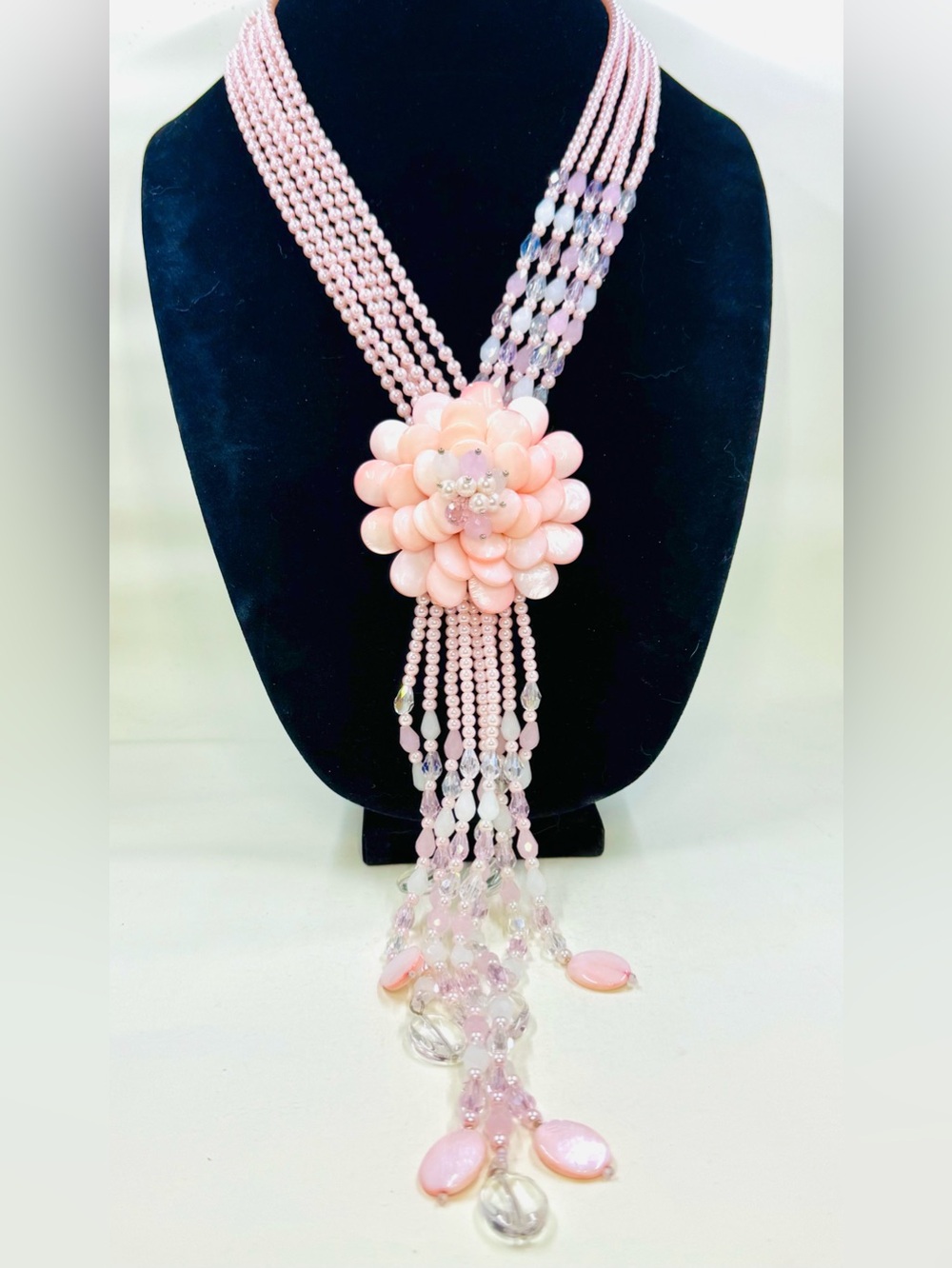 Joan Rivers Vintage Starlet Pink Floral Multi-Strand MOP Crystal Bead Necklace